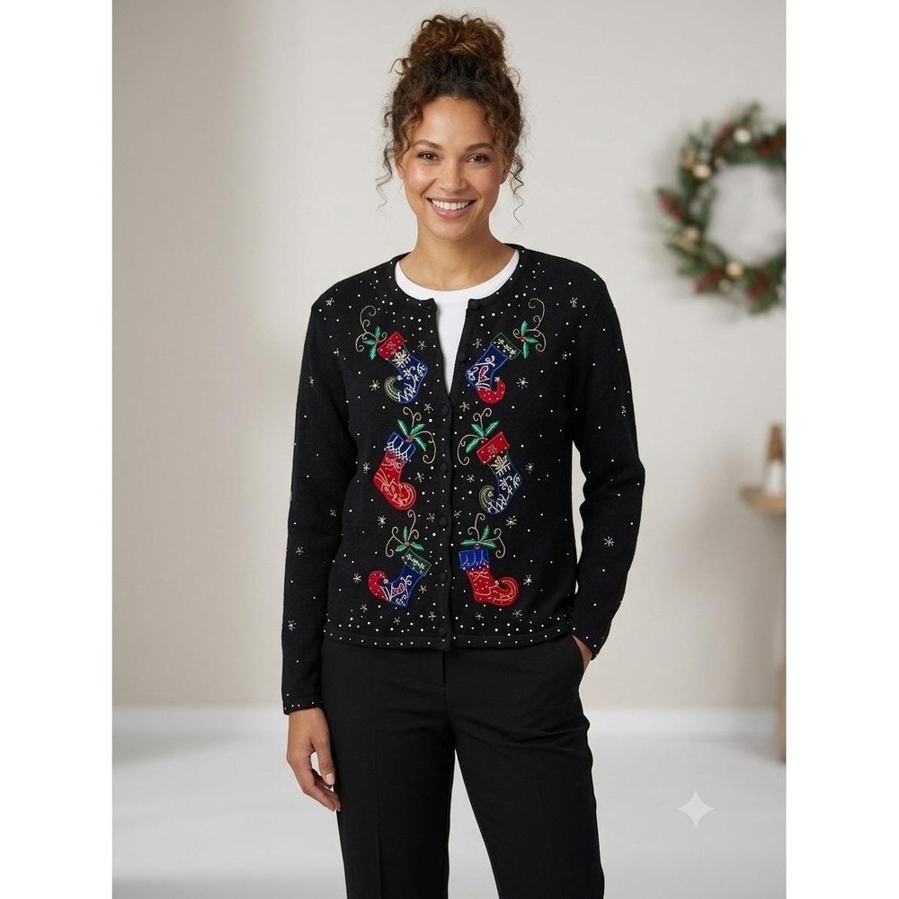 VTG Erika Black Christmas‎ Beaded Embroider Stocking Cardigan Sweater Large Read